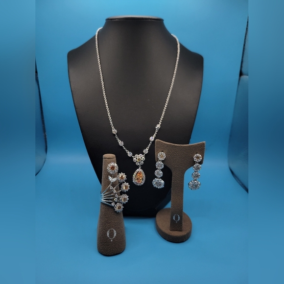 Sterling silver Flower Dangle Statement Clear Glass Ring Necklace Earrings set